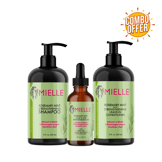 عرض سوبر كومبو: شامبو Mielle Rosemary Mint Strengthening Shampoo مع مضخة 355 مل + زيت Mielle Rosemary Mint Scalp &amp; Hair Strengthening Oil 59 مل + بلسم Mielle Rosemary Mint Strengthening Conditioner 355 مل