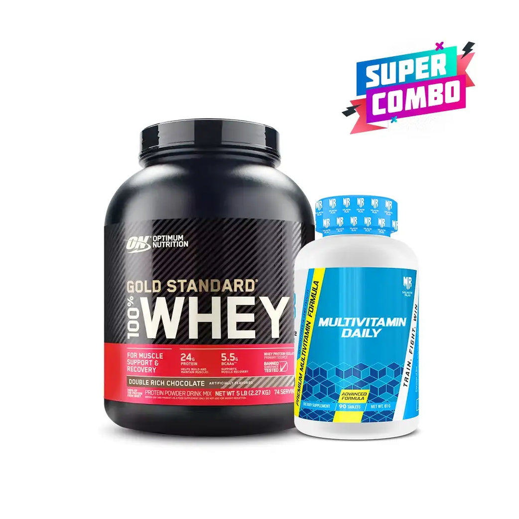 Optimum Nutrition Gold Standard 100% Whey 5lbs Double Rich Chocolate + Muscle Rulz Multivitamins Tab 90s